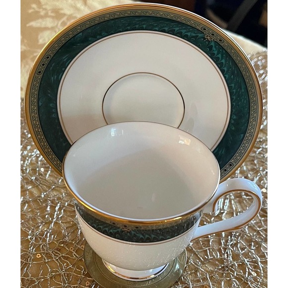 Lenox Bone China Classic Edition Footed Cup & Saucer Set, White, Green Marble - Picture 9 of 10